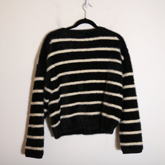 J Crew Lady Sweater Jacket Striped Brushed Yarn Womens Medium Black Fuzzy Button - Picture 8 of 8